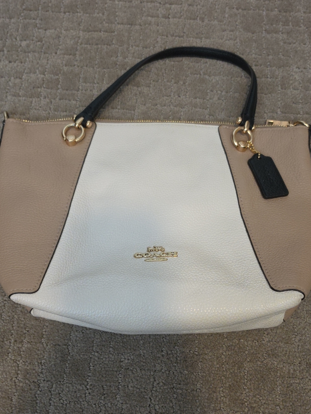 Coach Colorblock Leather Shoulder Tote in White, Beige and Black